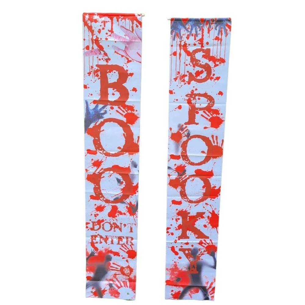 2 Pair Halloween Hanging Banners Waterproof Material BOO Spooky w/ 3D Bat Decor